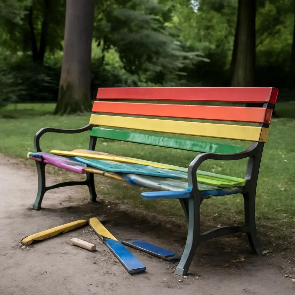 Wiederholte Schäden an der Regenbogenbank im Tiergarten
