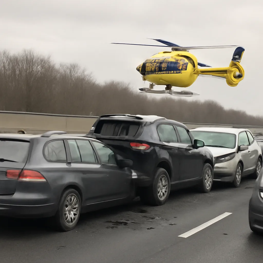 Schwere Massenkarambolage auf der A111 – Hubschrauber im Einsatz