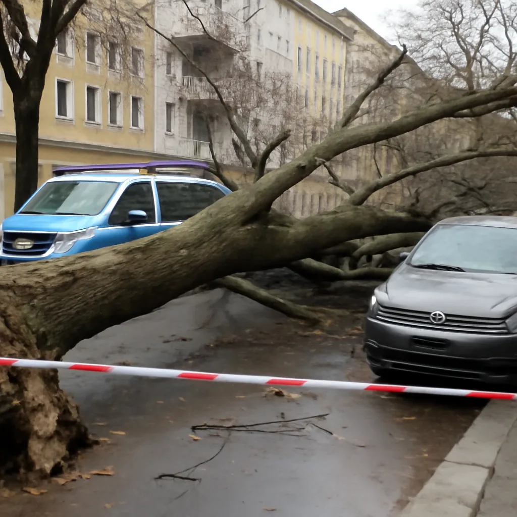 Riesiger Baum fällt auf Straße in Berlin-Gesundbrunnen