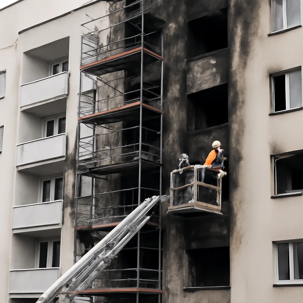 Reparaturarbeiten nach Brand im Howoge-Wohnhaus in Köpenick