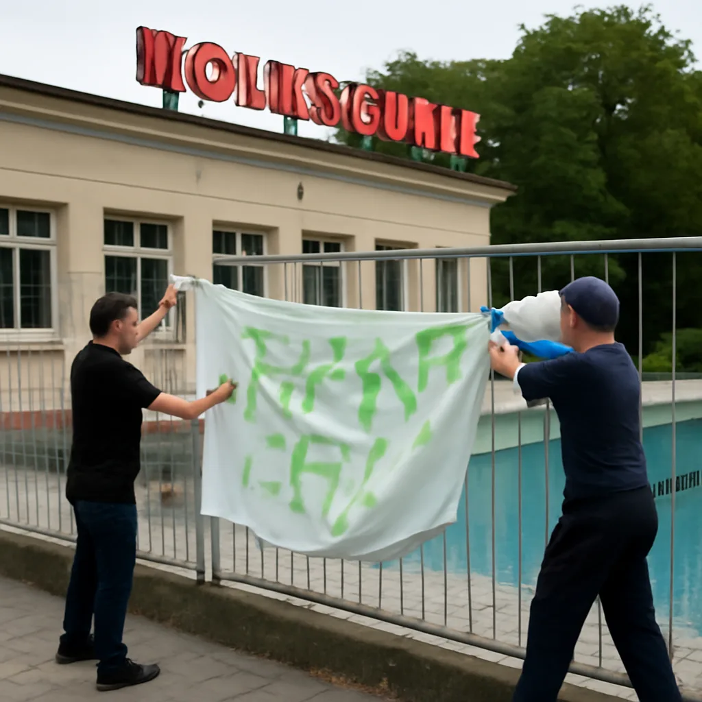 Protestbanner am Freibad der Volksbühne rasch entfernt
