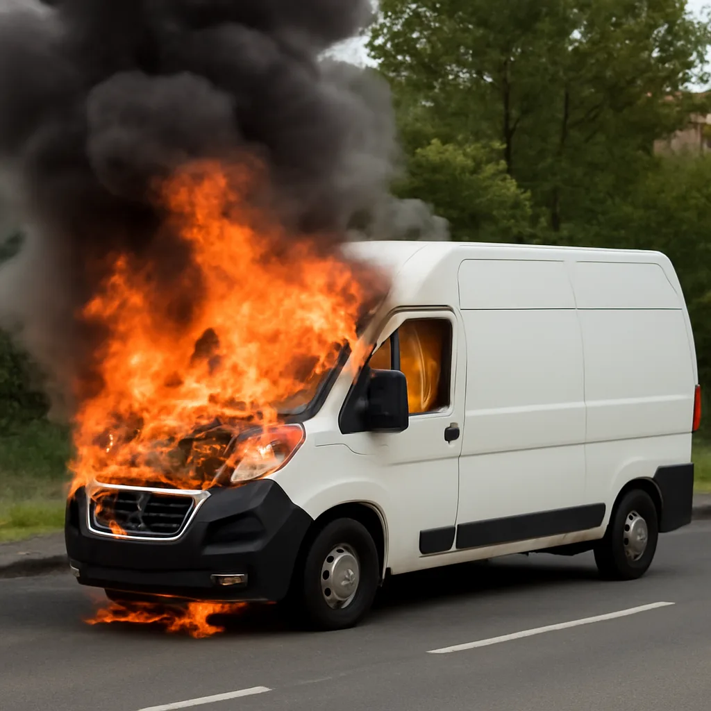Transporter in Altglienicke während der Fahrt in Flammen
