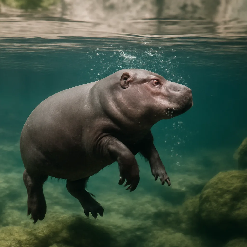 Brötchen das Zwergflusspferd begeistert beim Tauchen im Zoo